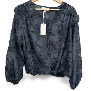 Melloday Black Textured V-Neck Tie Blouse Size L Long Sleeve Ruffle Shirred Cuff